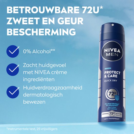 Blauwe NIVEA MEN Protect & Care spuitbus met tekst 'BETROUWBARE 72U ZWEET EN GEUR BESCHERMING'.