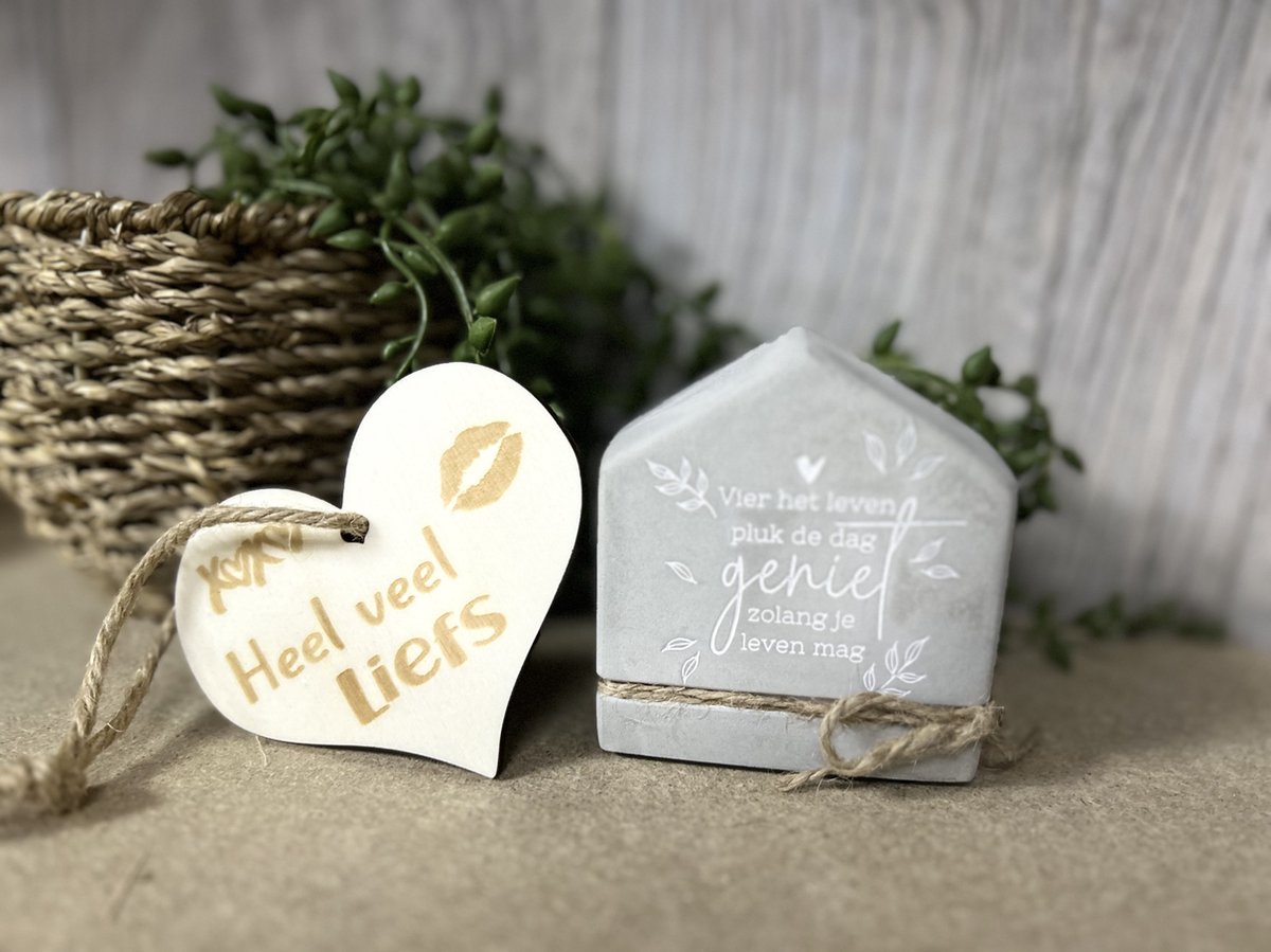 Creaties van Hier - Huisje Pluk de dag met houten hartje - 7x4x8 cm - Cement - Nieuwe woning