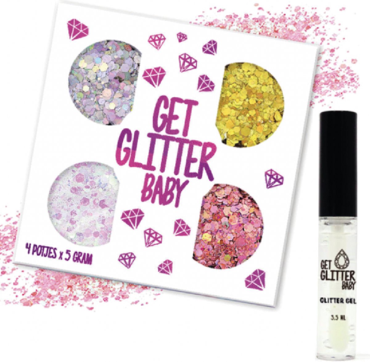 GetGlitterBaby® - 4 potjes Glitter Set Chunky Festival Glitters voor Lichaam en Gezicht Glitterset / Carnaval Face Body Glitterlijm Tattoo / Gel Glittergel - 4 Potjes - en Glitter Lijm HuidLijm Zilver / Wit / Roze