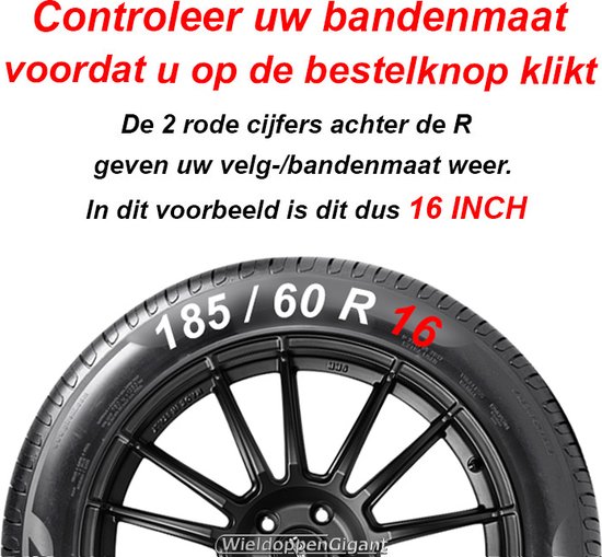 Instructieafbeelding over bandenmaatcontrole bij een 16-inch velg, uitgegeven door WieldoppenGigant.