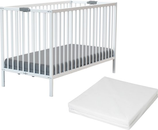 WEBABY - Opklapbaar houten babybedje Wit met matras - 60 x 120 FLEX