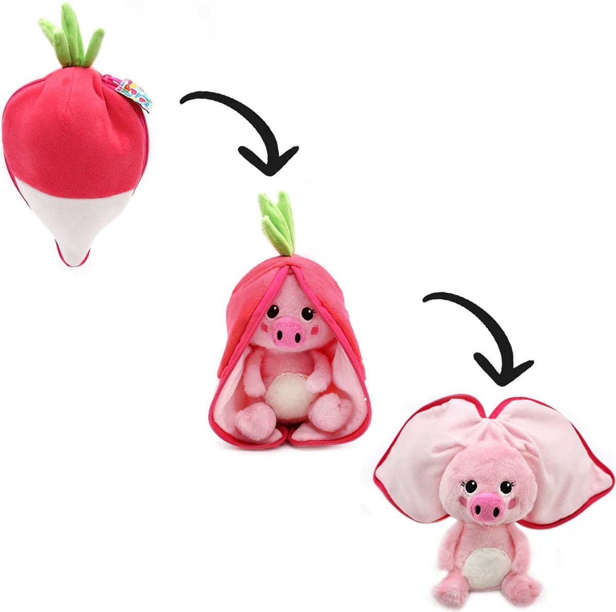 Flipetz - 2-in-1 Knuffel - Piglet het Varken / Radijs - 22 x 15 x 10 cm - Les Déglingos