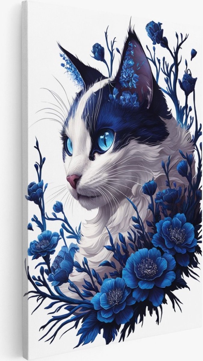 Saammp Canvas Schilderij - Poes tussen de blauwe bloemen - Abstract - Dieren - 50x70 - Foto op canvas - Wanddecoratie - Muurdecoratie Woonkamer - Slaapkamer decoratie - Canvas Print Multicolor
