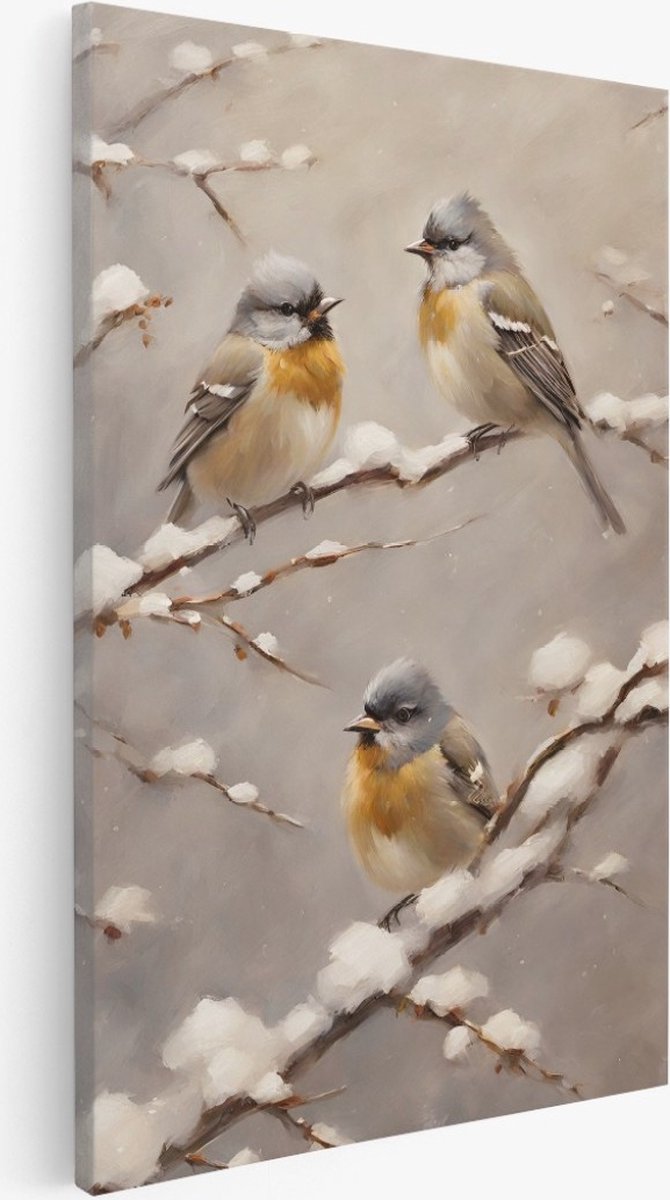 Saammp Canvas Schilderij - Vogels op takken - Winter - Bloemen - Abstract - 75x100 - Foto op canvas - Wanddecoratie - Muurdecoratie Woonkamer - Kantoor Decoratie Multicolor