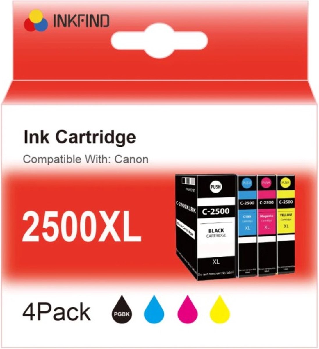 INKFIND PGI-2500XL inktcartridge geschikt voor CanonPGI2500XL Canon PGI-2500XL Canon PGI2500 Canon2500 Canon 2500 (1 x Zwart, 1 x Cyaan, 1 x Magenta, 1 x Geel) Multipack 4 stuks voor Canon Maxify IB4050 IB4150 MB5050 5150 MB5155 MB5350 MB5450 MB5455