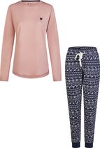 By Louise Dames Pyjama Set Lang Katoen Roze/Donkerblauw Norwegian Jacquard Print - Maat XL