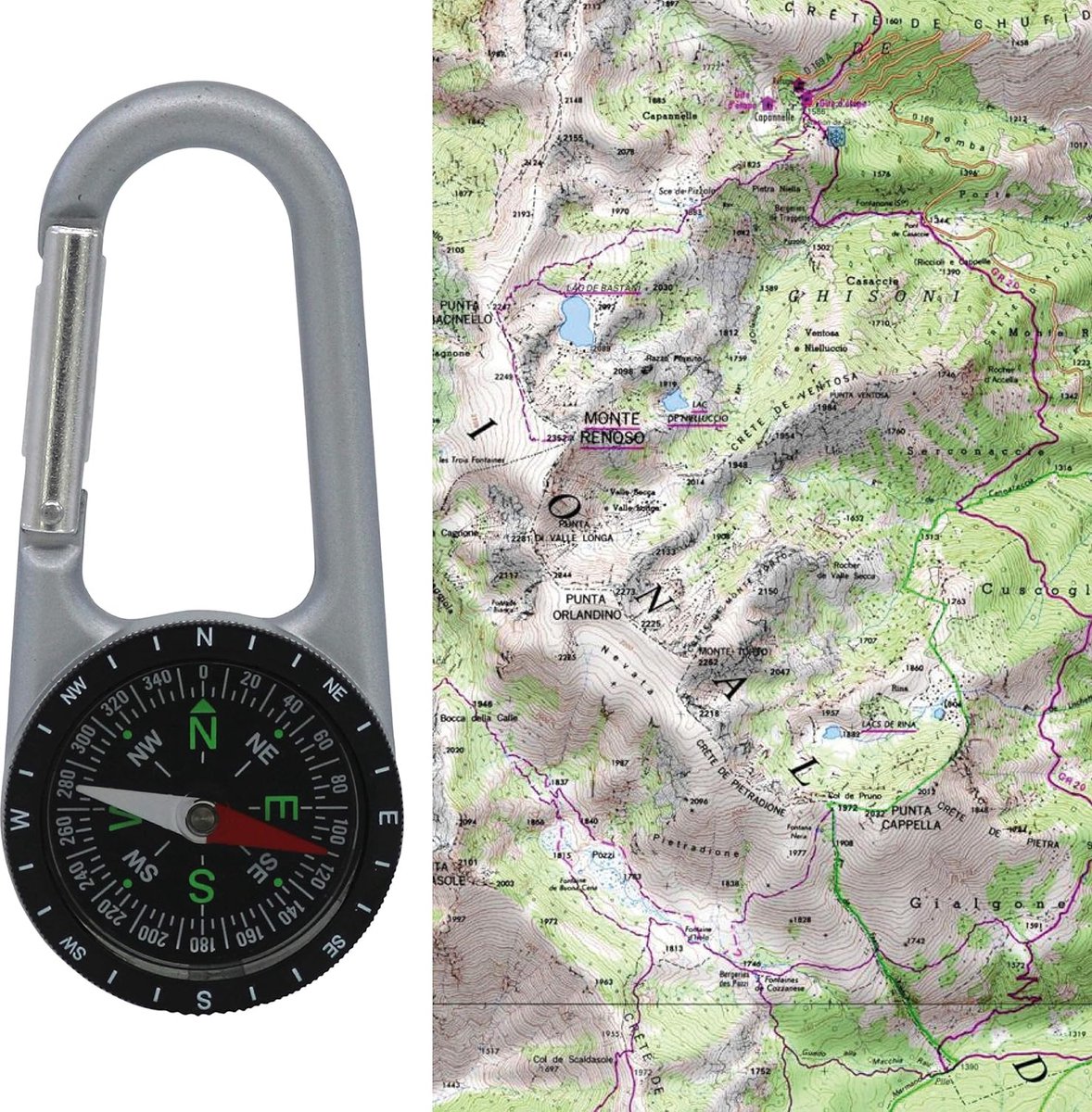 Camping karabijnhaak met kompas - veelzijdige functies - 1 stuk - groen - aluminium - 10 cm