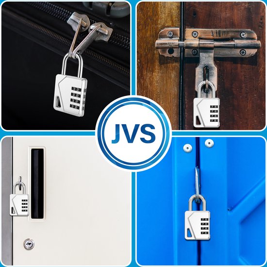 Cijferslot van JVS in gebruik op een koffer, een schuifdeur, een kluisje en een poort.