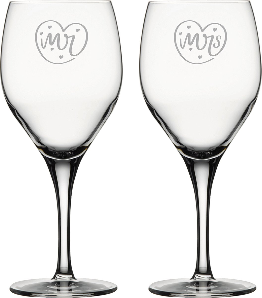 Gegraveerde set rode wijnglazen 42,5cl Mr. In hartje - Mrs. In hartje