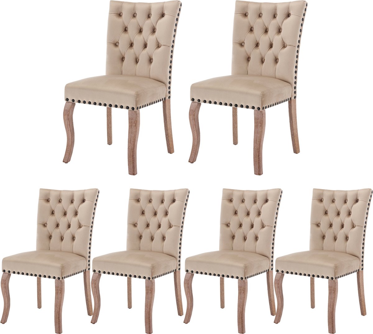Merax Set van 6 Luxe Eetkamerstoelen – Beige Fluwelen Bekleding – Stoelen met Deurklopper en Koperen Nagelkopdetails – Massief Houten Poten – Ergonomisch Ontwerp