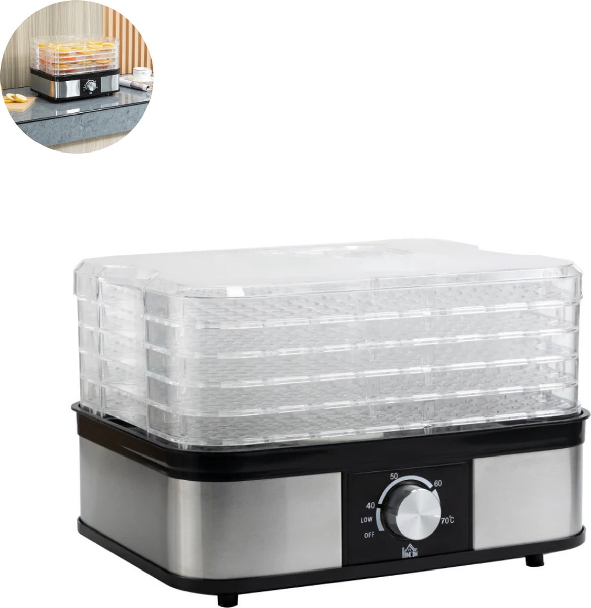 Voedseldroger – Voor Het Perfect Drogen van Fruit - Groenten Drogen - 5 Lagen - 32 x 25 x 29cm - Zilver
