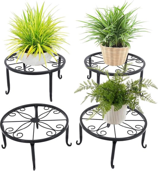 JABNOW 5 Flower Pots, Iron Plant Stand, Retro Metal Rack, Round Wrought Iron Flower Pot Holder for Outdoor Plants, Indoor Balcony, Black