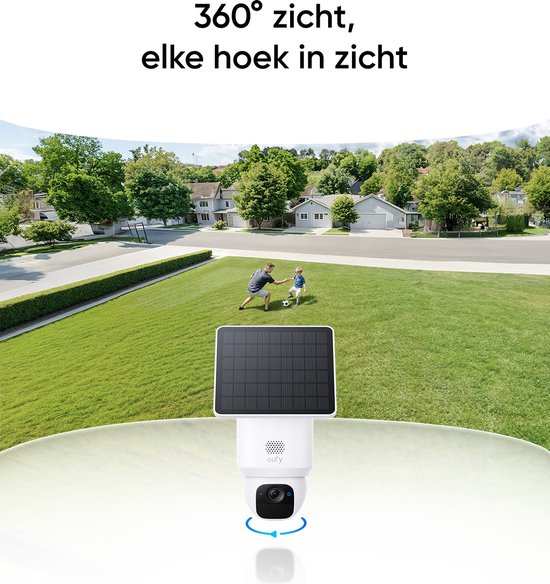 Beveiligingscamera met zonnepaneel. 360 graden zicht, 70 graden kantelbaar. Achtergrond met tuin en spelende kinderen.