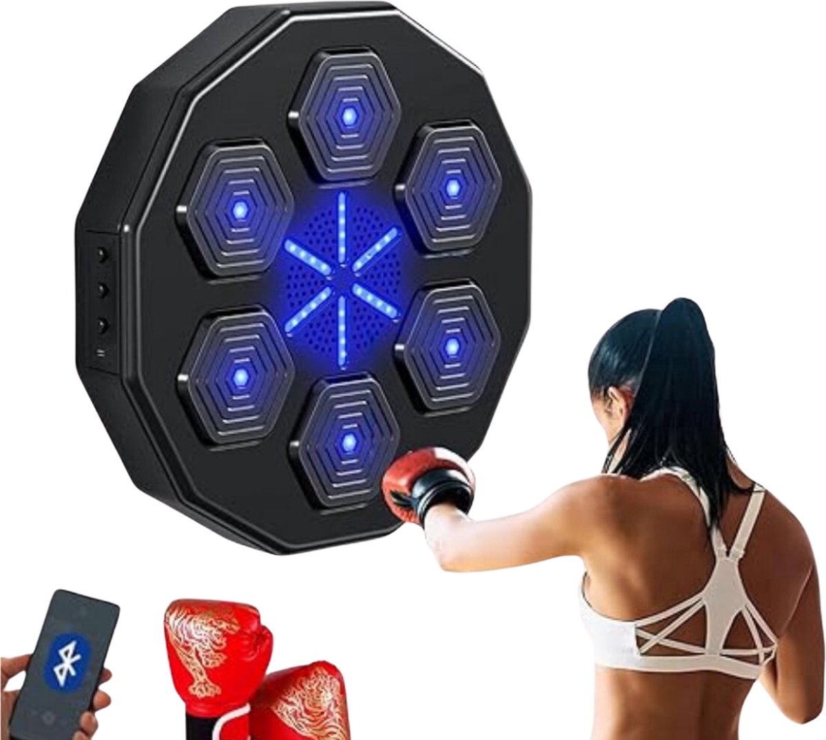 Boksmachine - Wand Bokstrainingsapparatuur - LED-Boksmat Met Bokshandschoenen - Verlichting Op Het Ritme Van Muziek - Zwart