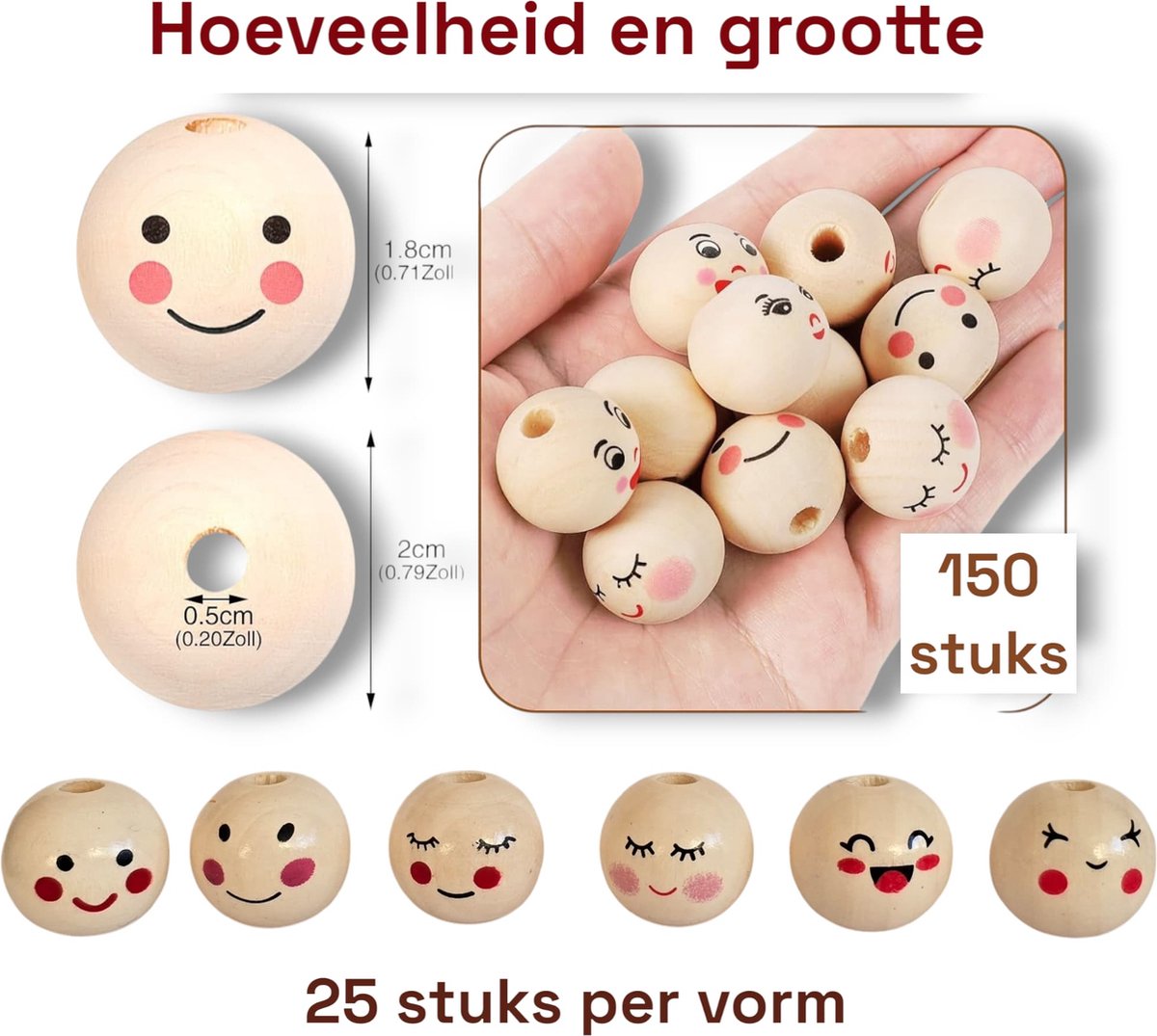 Houten Kralen met Gezichtje 150 Stuks – 20mm DIY Kralenset – Knutselen Kinderen & Volwassenen – Sieraden Maken, Speenkoorden & Decoratie — afbeelding 2