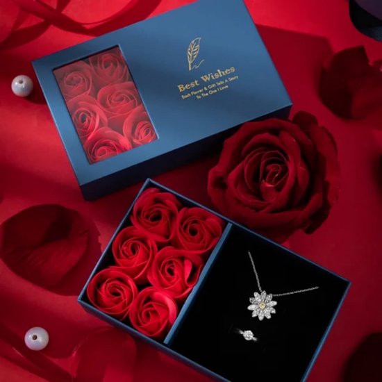 Coffret Cadeau Saint Valentin - Surprise Fleurs Créative - Couleur Bleu Marine - Boîte à Colliers ou à Bagues - Boîte Spécialement Conçue + Sac Cadeau - Saint Valentin - Anniversaire - Roses en Boîte