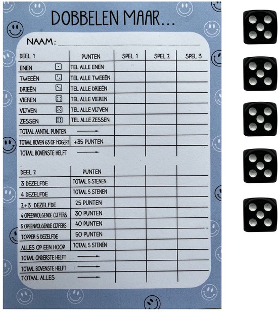 Scoreblok voor het dobbelspel met de tekst 'DOBBELEN MAAR...'. Smiley's op de achtergrond. Zes zwarte dobbelstenen ernaast.