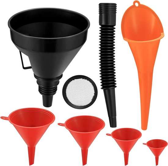 SENENQU 9 Stück Einfülltrichter Set, Rechtwinkliges Flexibles Kunststoff Trichter Set Universal Auto Benzin Kraftstoff Trichter Mit Abnehmbarem Auslauf Und Langen Trichtern Rot Orange Schwarz