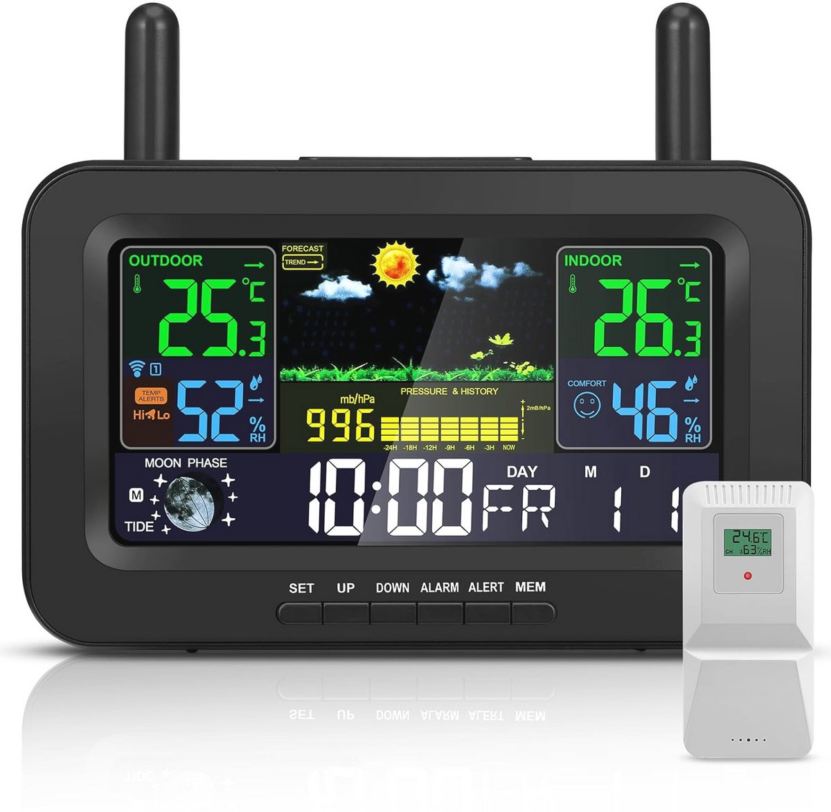 Draadloos Weerstation met Buitensensor - Meteostation voor Binnen en Buiten met Kleurendisplay, Temperatuur-, Vochtigheid- en Maanfaseweergave