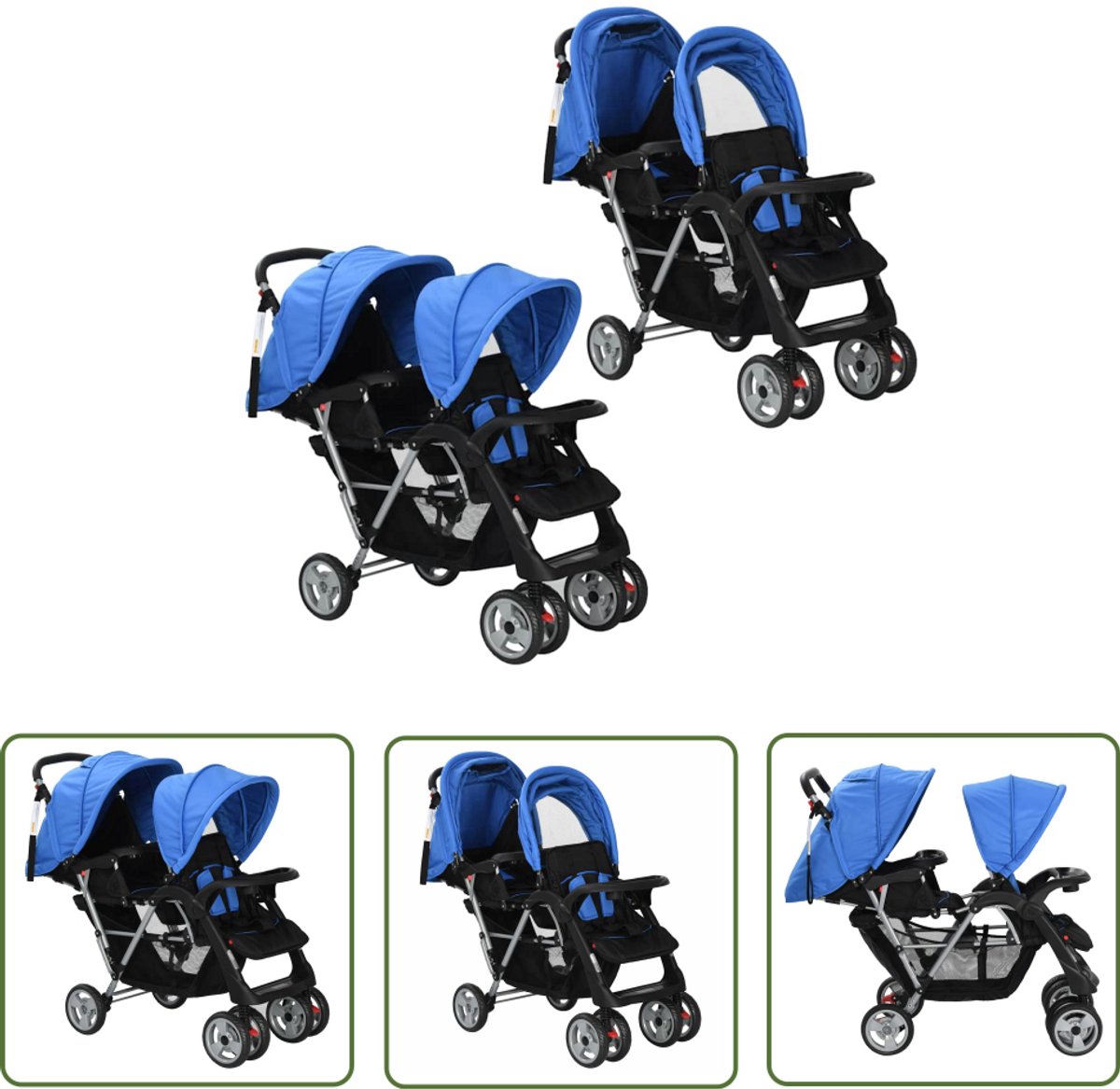 The Living Store Kinderwagen Dubbel - Comfortabel en Duurzaam - Inklapbaar - Blauw/Zwart - 122.5 x 53.5 x 111 cm