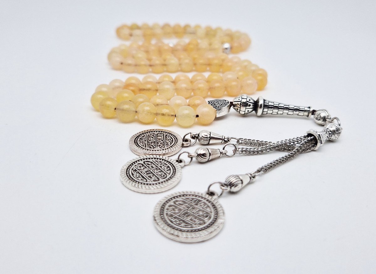 Handgemaakte tesbih "Tasbih" natuursteen " Calciet geel " - Aantal kralen 99 - Diameter kralen 8MM - met metaal tassel "Qustantinia" - Een mooi cadeau-idee