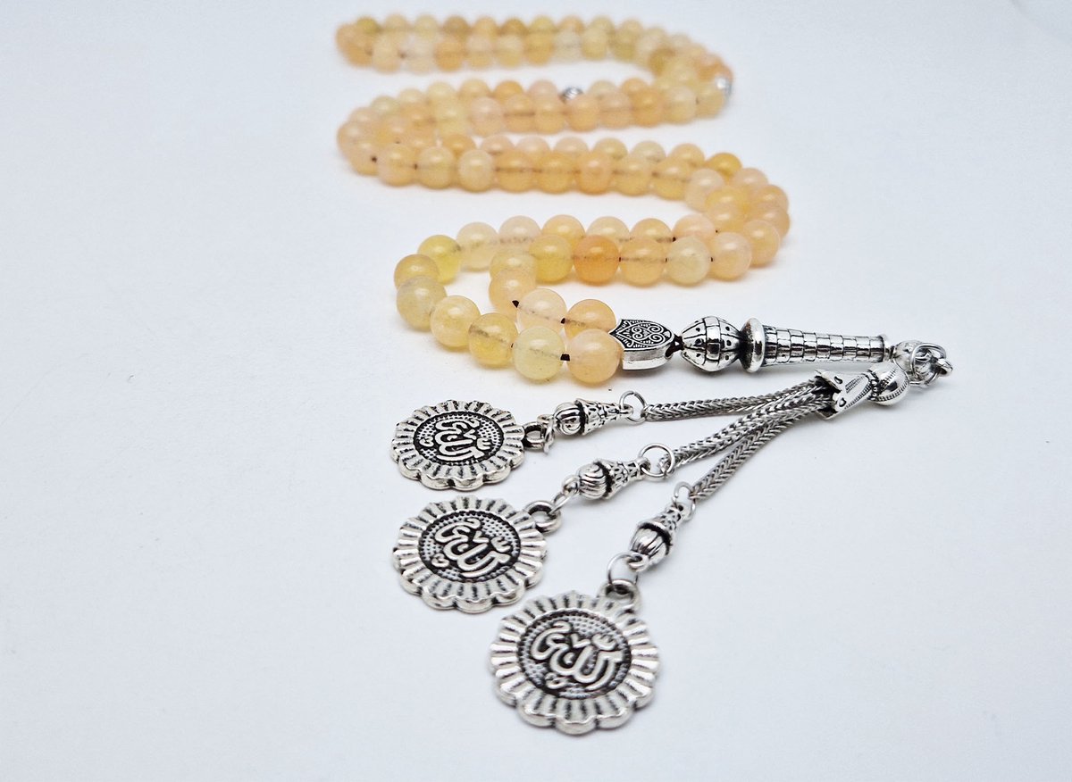 Handgemaakte tesbih "Tasbih" natuursteen " Calciet geel " - Aantal kralen 99 - Diameter kralen 8MM - met metaal tassel "Allah" - Een mooi cadeau-idee
