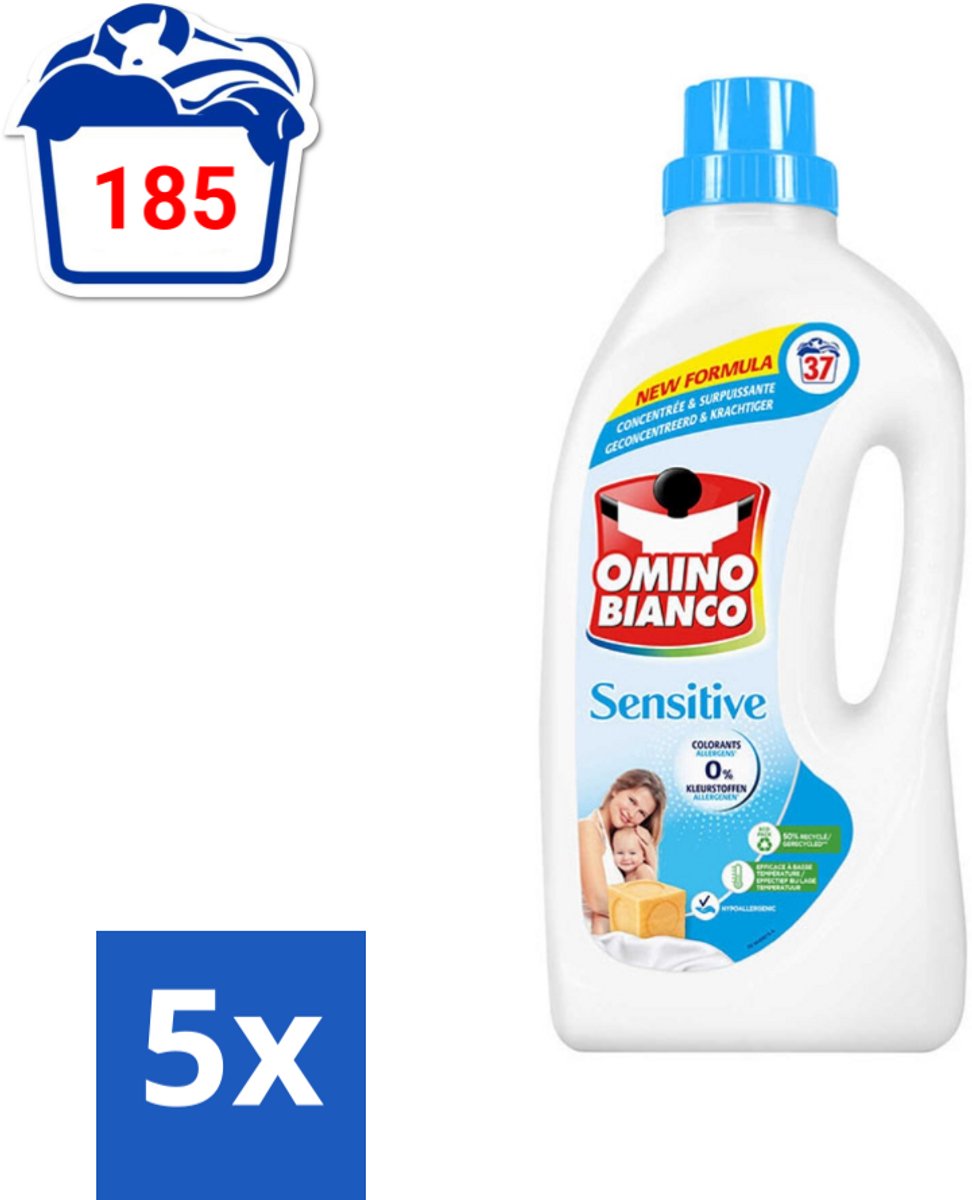 5 x Omino Bianco - Gevoelig - Wasmiddel - Witte & Gekleurde Was - 37 Wasbeurten - Gevoelige Huid - Hypoallergene Wasmiddel - Wasmiddel Zonder Allergenen - Wasmiddel Zonder Kleurstof - Huidvriendelijk Wasmiddel