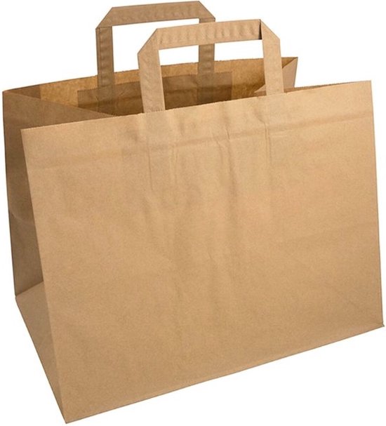 Papieren Draagtassen | Bruine papierdraagtassen | 32 + 16 x 26 cm | BIO | Milieuvriendelijk | To go tasjes | Maaltijd tasjes | 300 stuks | Bruin | papieren zakjes | cadeautasjes | papieren draagtas