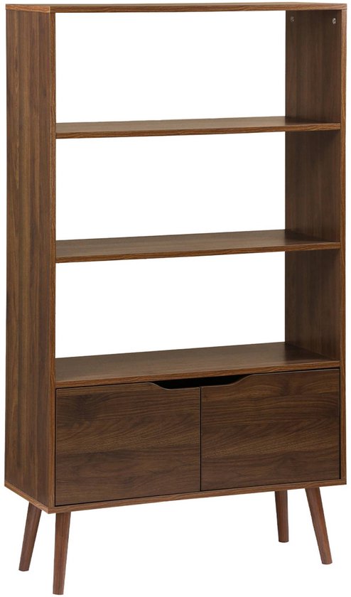 sweeek - Boekenkast met walnootkleurig hout, 2 deuren, 3 niveaus