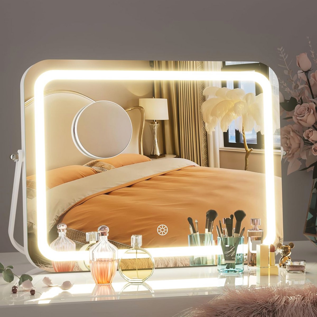 Verlichte Make-upspiegel met 3 Instellingen en Dimbare LED Verlichting - 360 Graden Rotatie, Afgerond Rechthoekig Design met Vergrootglas