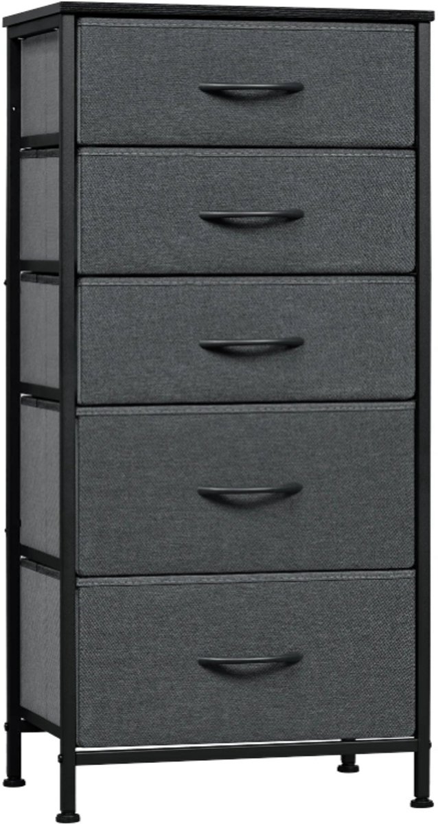 Ladenkast - Dressoir Kasten - Ladekast met 5 Stoffen Lades - Vintage Houtlook – Stabiele Opbergkast - Metaal Frame – Voor Slaapkamer - Woonkamer - Hal - 45.5x95.5 x30cm - Donkergrijs