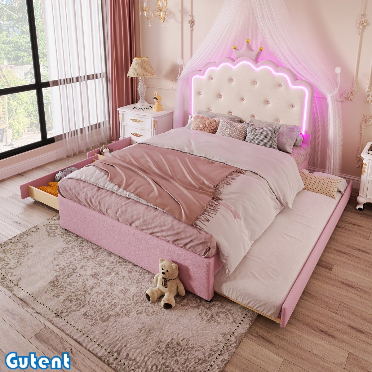 Gutent Kinderbed-140 x 200 cm-Geen matras-Ambiumverlichting-Kroonprinses-Trekbed-2 laden-PU materiaal-Roze
