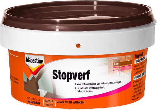 Oranje blik Alabastine Stopverf naturel met toepassingen en productkenmerken.