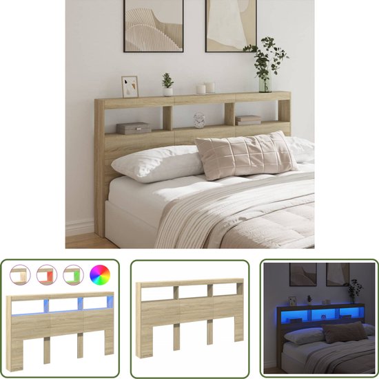 Hoofdbord met LED 200x18,5x103,5 cm bewerkt hout sonoma eiken
