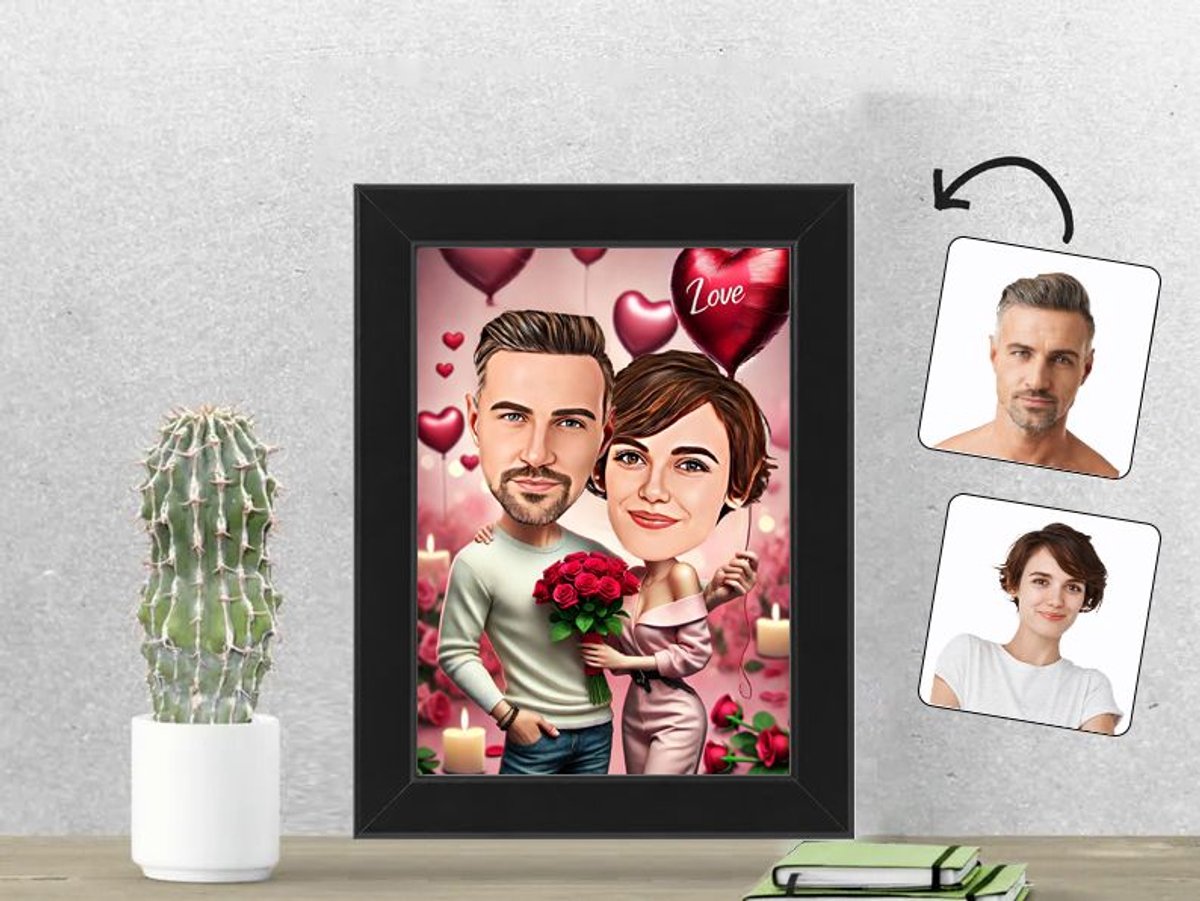 Liefdeskoppel met Kaarslicht en Ballonnen - Gepersonaliseerde Karikatuur Fotolijst 13x18 cm - Gepersonaliseerd Cadeau - Met Jouw Foto - Verjaardag - Kerst - Valentijn - Uniek en Handgemaakt - Cadeau - Huwelijk - Moederdag - Vaderdag - Jubileum -