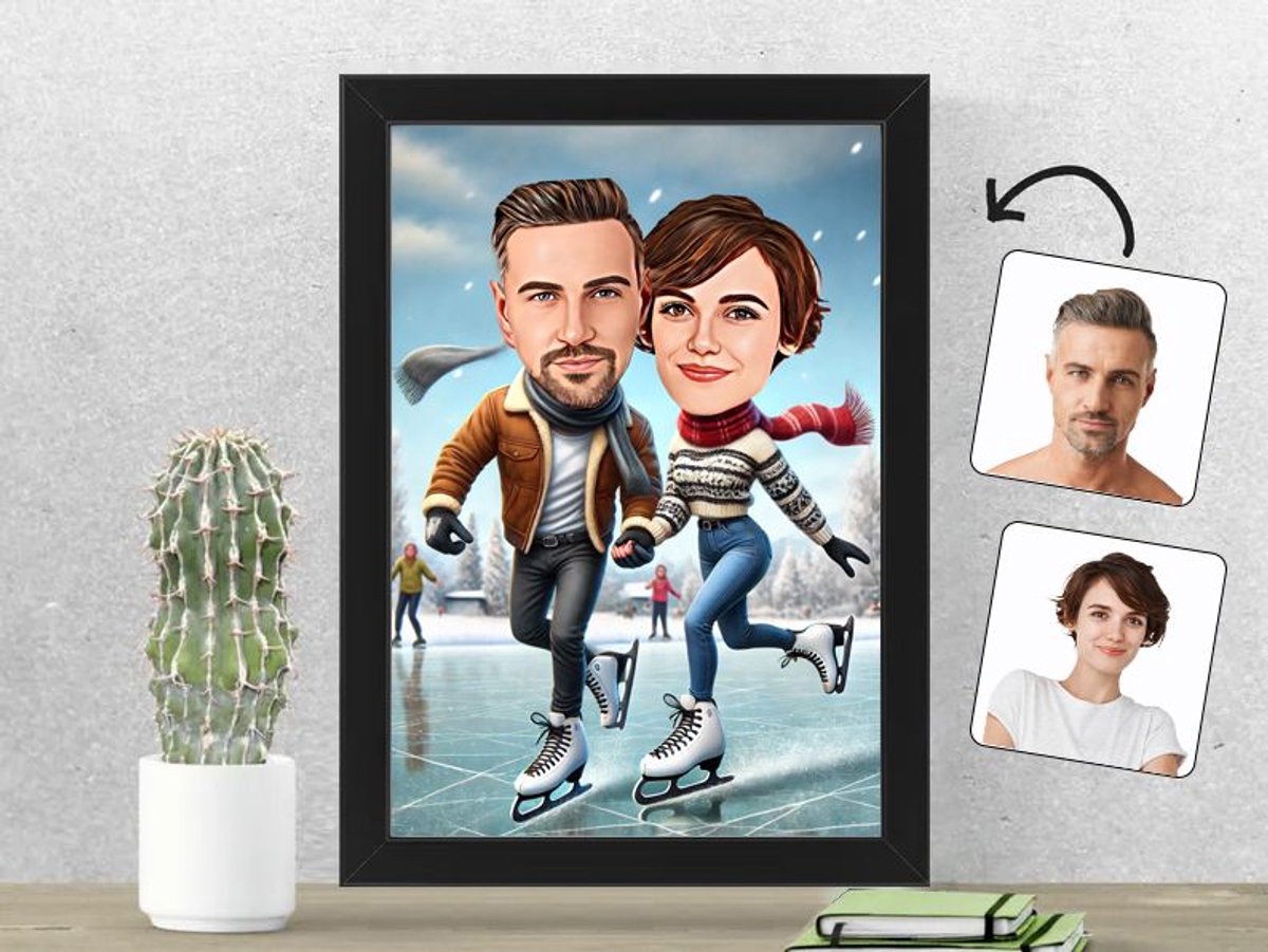 Winterse Schaatsscene voor Stelletjes - Gepersonaliseerde Karikatuur Fotolijst 21x30 cm - Gepersonaliseerd Cadeau - Met Jouw Foto - Verjaardag - Kerst - Valentijn - Uniek en Handgemaakt - Cadeau - Verjaardag - Kerst - Kado - Valentijn - Huwelijk - Mo