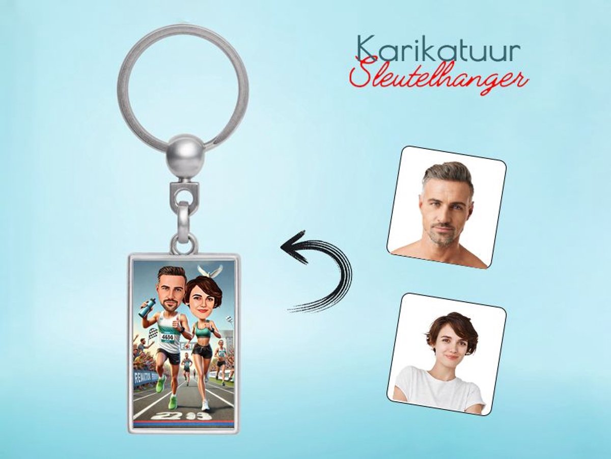 Sportief Stel Rent Samen een Marathon - Gepersonaliseerde Karikatuur Sleutelhanger - Gepersonaliseerd Cadeau - Met Jouw Foto - Verjaardag - Kerst - Valentijn - Uniek en Handgemaakt - Cadeau - Verjaardag - Kerst - Kado - Valentijn - Huwelijk - Moederd