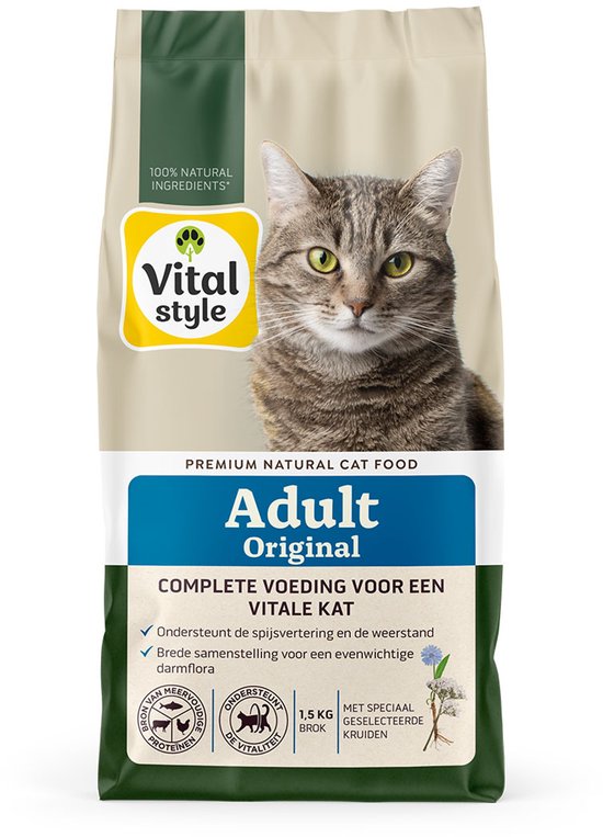 VITALstyle Adult Original - Kattenbrokken - Met Rund - Gevarieerde Voeding Voor Een Levenslustige Kat - Met o.a. Peterselie & Smalle Weegbree - 1,5 kg