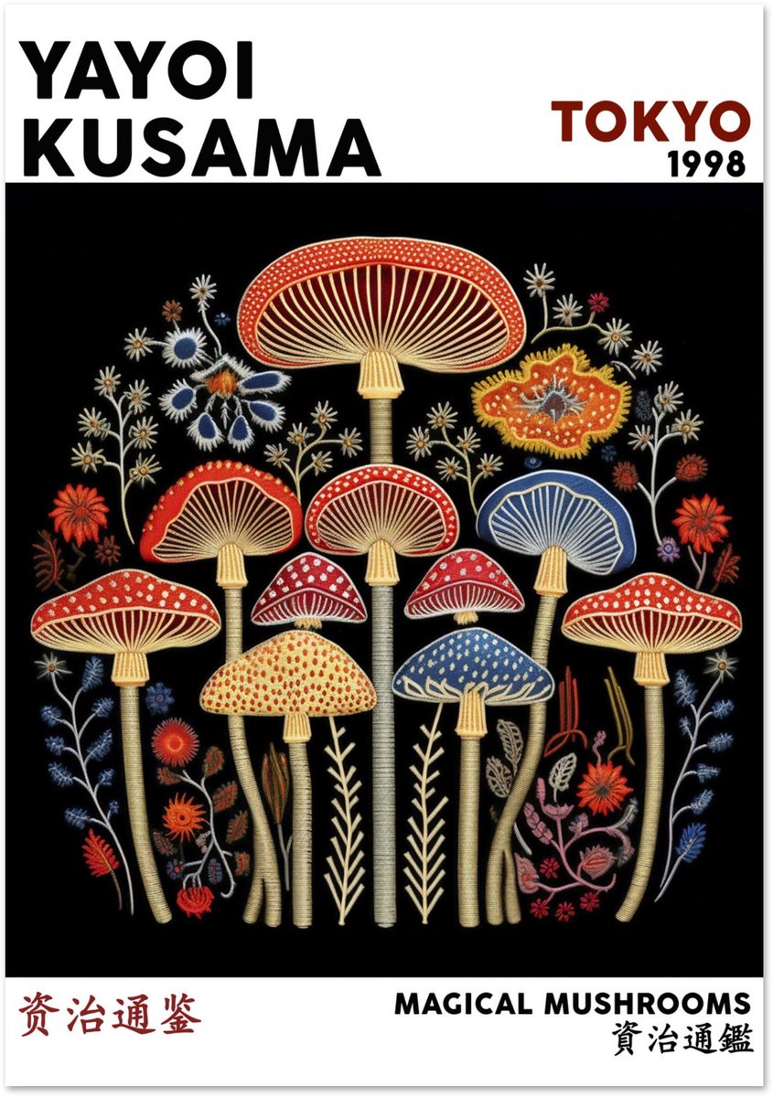 Yayoi Kusama - Magical mushrooms Poster 70x100 cm - exclusief lijst