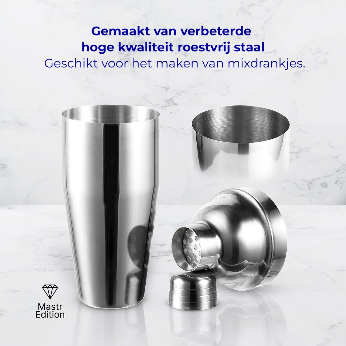 Mastr Edition Cocktail Set - Cocktail shaker set 8 delig - Mix drank - Cocktailshaker 750ml - Zilver - RVS - Vaatwasser bestendig - Cocktail accessoires - Cocktail receptboekje - Gratis spel kaarten — afbeelding 4