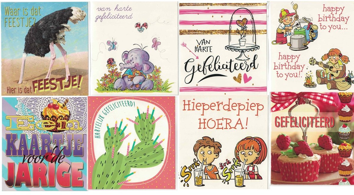 80 Wenskaarten Vierkant - Supervoordelig - 12x12cm Gefeliciteerd - Hieperdepiep Hoera -Happy Birthday to you - Hartelijke Gefeliciteerd - Van Harte Gefeliciteerd - Een kaartje voor de Jarige - Waar is dat feestje !