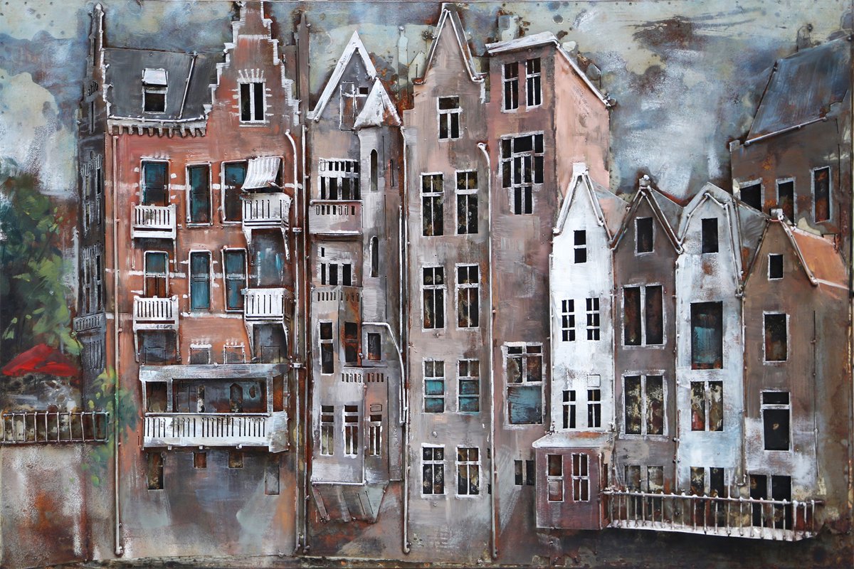 karo-art Schilderij - Metaalschilderij - Grachten panden 80x120cm Multikleur