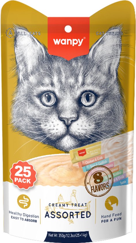 Wanpy kattenvoer 25 stuks, 8 smaken, gezonde spijsvertering, makkelijk te absorberen, romig, portie voor handvoeding.