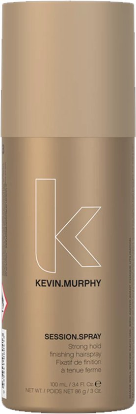 Gouden spuitbus met KEVIN.MURPHY logo en barcode. "SESSION.SPRAY" "Strong hold finishing spray" in witte letters.
