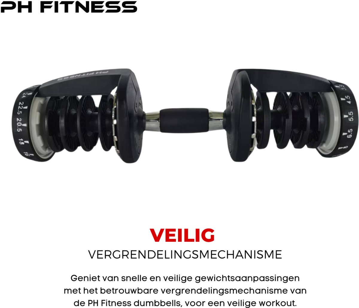 PH Fitness Verstelbare Dumbell 24KG Zwart - PRIJS PER STUK - Smart Dumbbells - Gewichtenset voor Home Gym - Adjustable Dumbbells van 2,5 kg tot 24kg - Complete Halterset van 15 Dumbbells in een! – foto 7