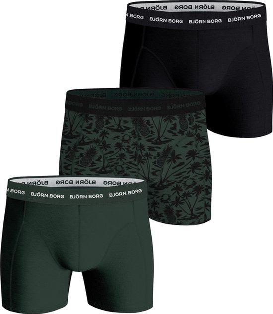 Björn Borg Cotton Stretch Boxershort Heren - Zwart/Groen - 3 stuks - Heren onderbroeken - Boxer - Maat L