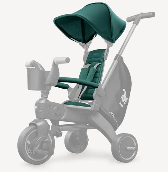 Doona LIKI textielset in Racing Green. De set bevat een stoelbekleding, harnas, verstelbare duwstangkap en een mandje.