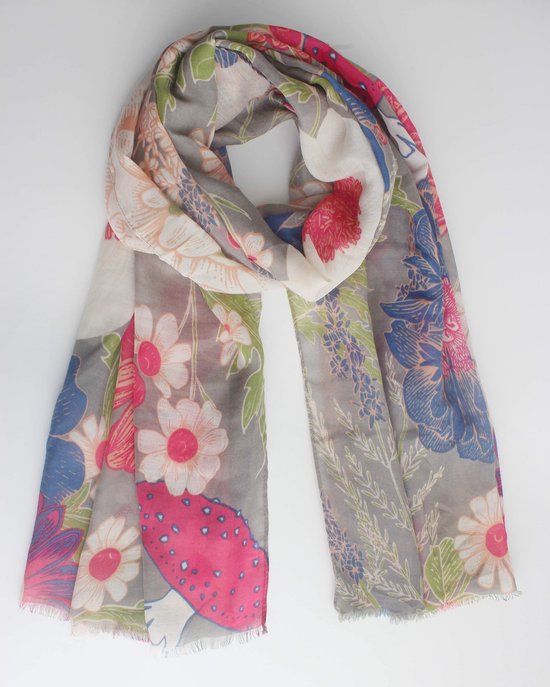 Flower scarf- Accessories Junkie Amsterdam- Dames- Lange sjaal- Katoen- Zomer lente- Bloem print- Grijs roze