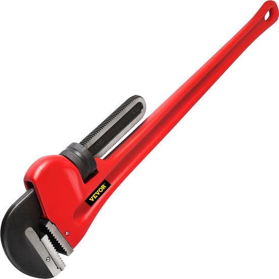 Een rode pijptang met een zwarte, getande bek en een lange rode handgreep met een gat aan het einde.