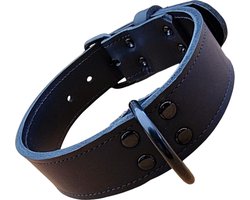 K9 World, honden halsband, zwart leder, dubbel gestikt, 4cm breed, 45-55cm, black edition hardware